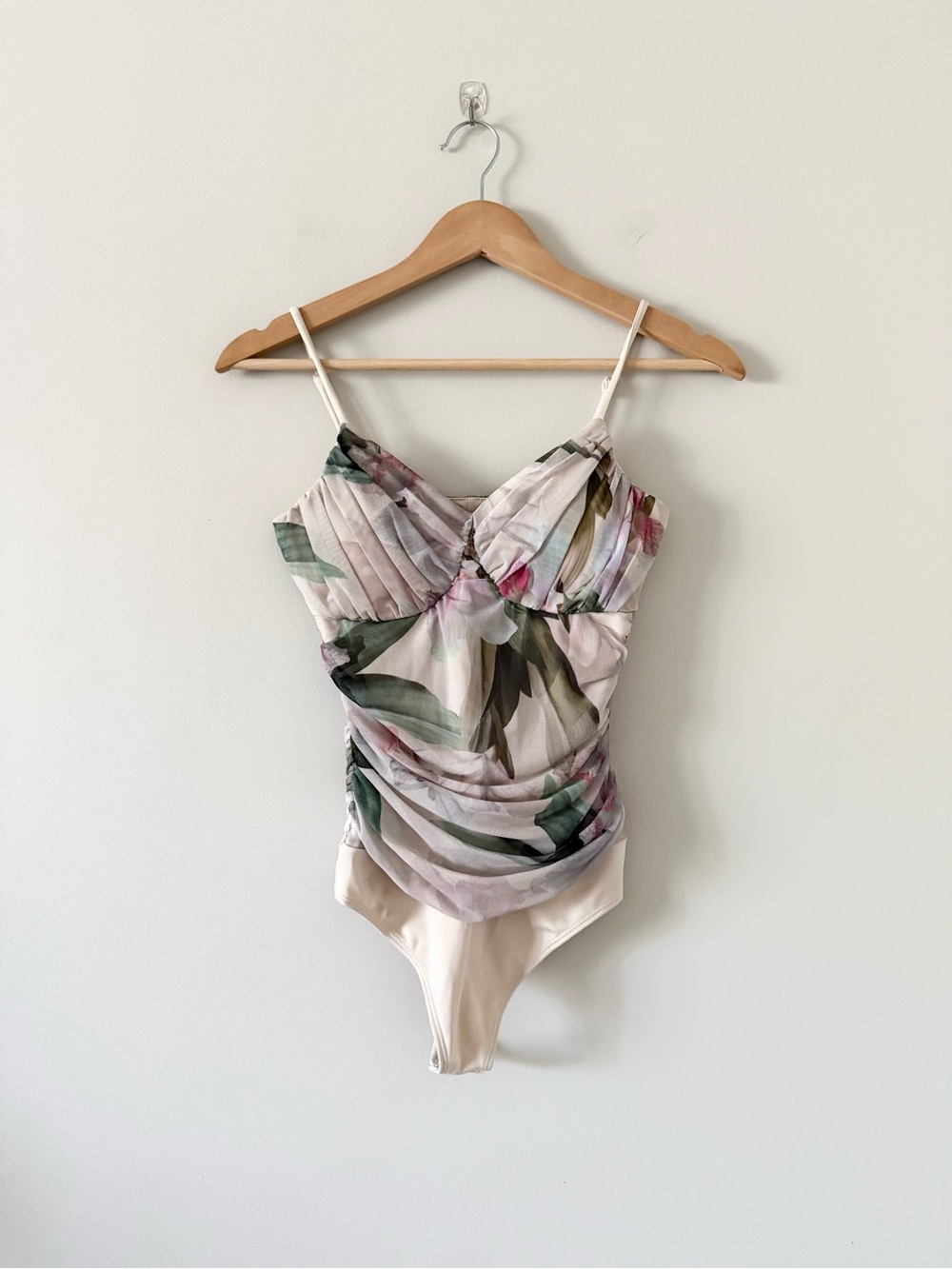 Express Body Contour Cream Bodysuit with Soft Pink and Sage Floral Accents S - Picture 1 of 5